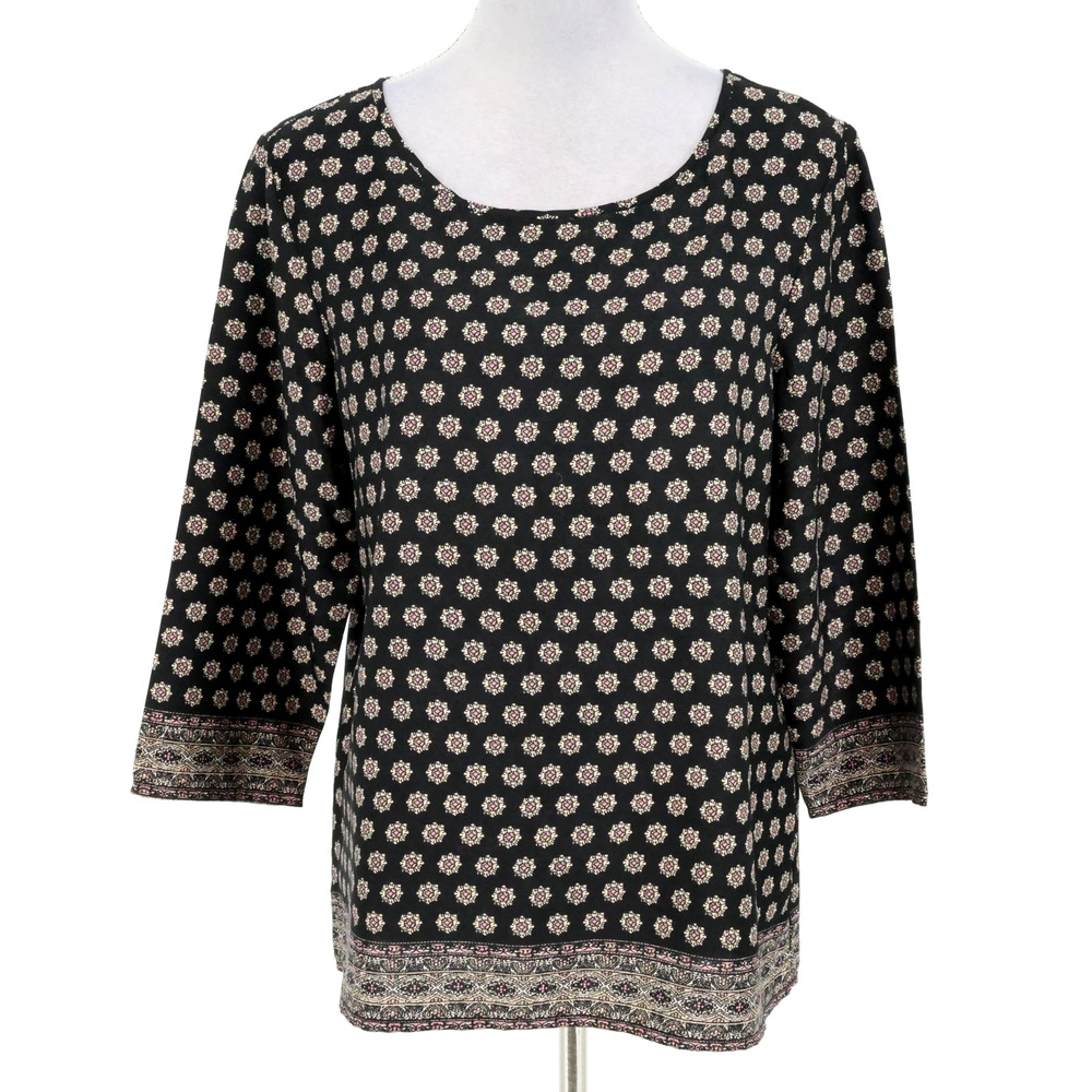 Ann Taylor Top Womens Medium Black Pink Floral Rayon Blouse Scoop Neck Career